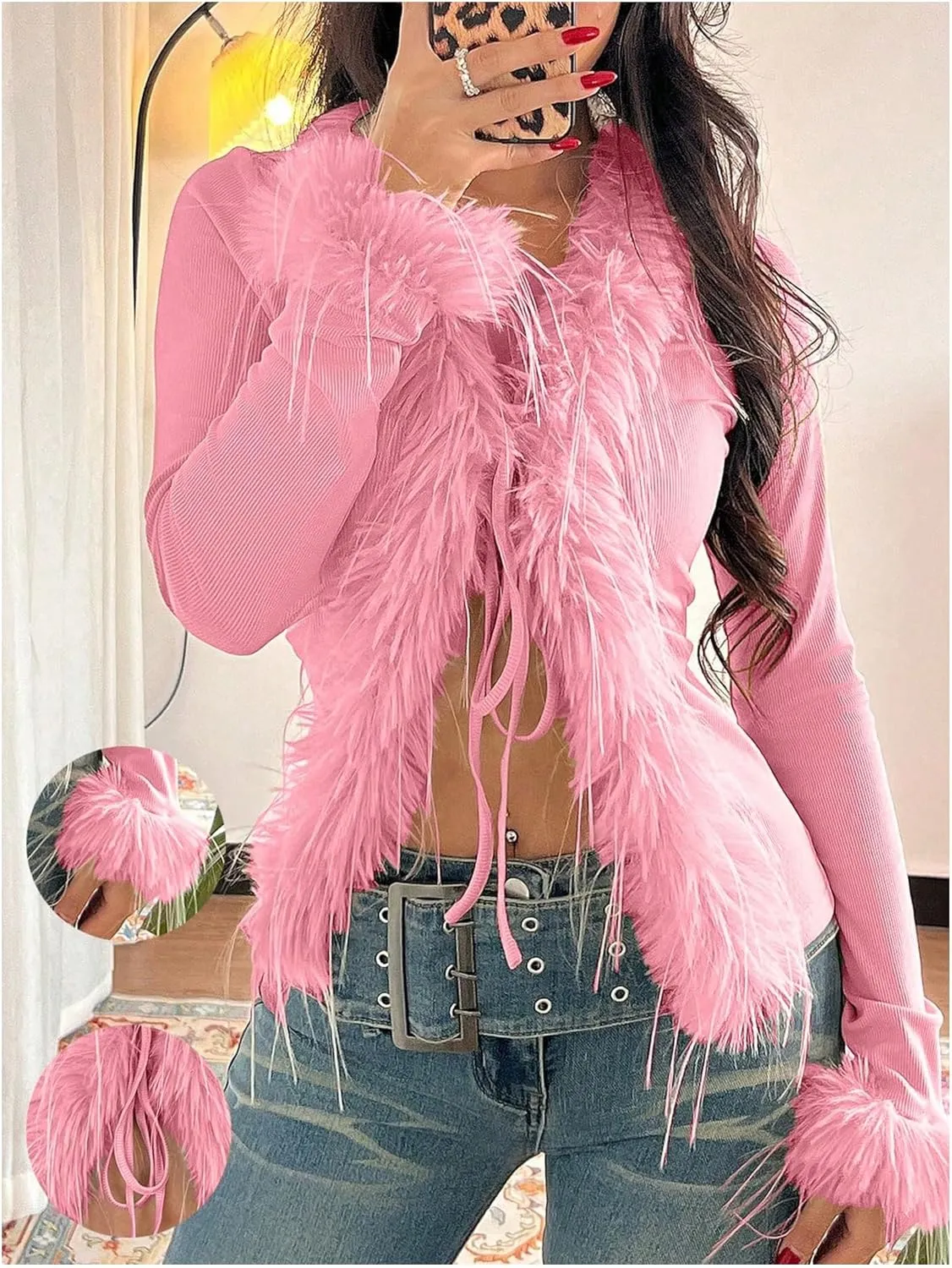 MakeMeChic Women's Faux Fur Top Mesh Lace Long Sleeve Y2K Fuzzy Trim Tee Shirts