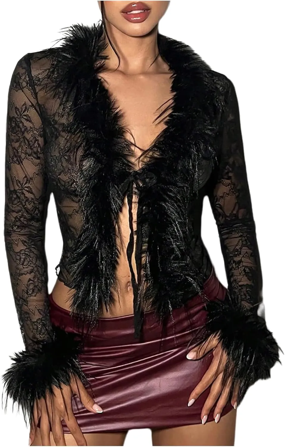 MakeMeChic Women's Faux Fur Top Mesh Lace Long Sleeve Y2K Fuzzy Trim Tee Shirts