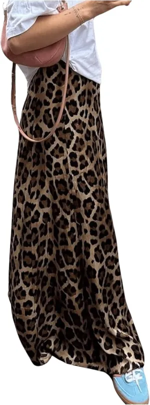 MakeMeChic Women's Leopard Print Ruffle Flared Hem Loose Fit Casual Long Maxi Skirts