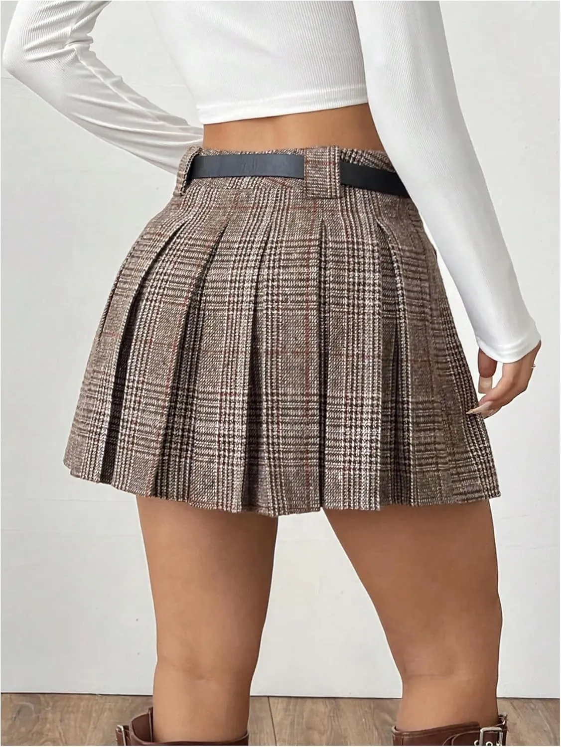 MakeMeChic Women's Pleated Mini Skirt Plaid Print Flared Hem A Line Belted Preppy Short Skirts