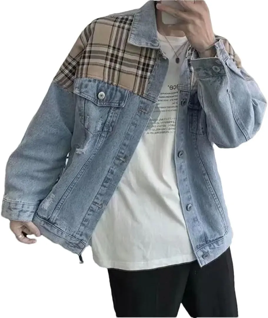 Male Jean Coat With Hole Ripped Men's Denim Jacket Light Piece Vintage Korea Loose Washed Outwear