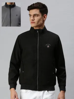 Men Black Reversible Bomber with Embroidered Jacket