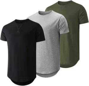 Mens 3 Pack Crewneck T-Shirts Short Sleeve Hipster Hip Hop Longline Classic Tee Tops