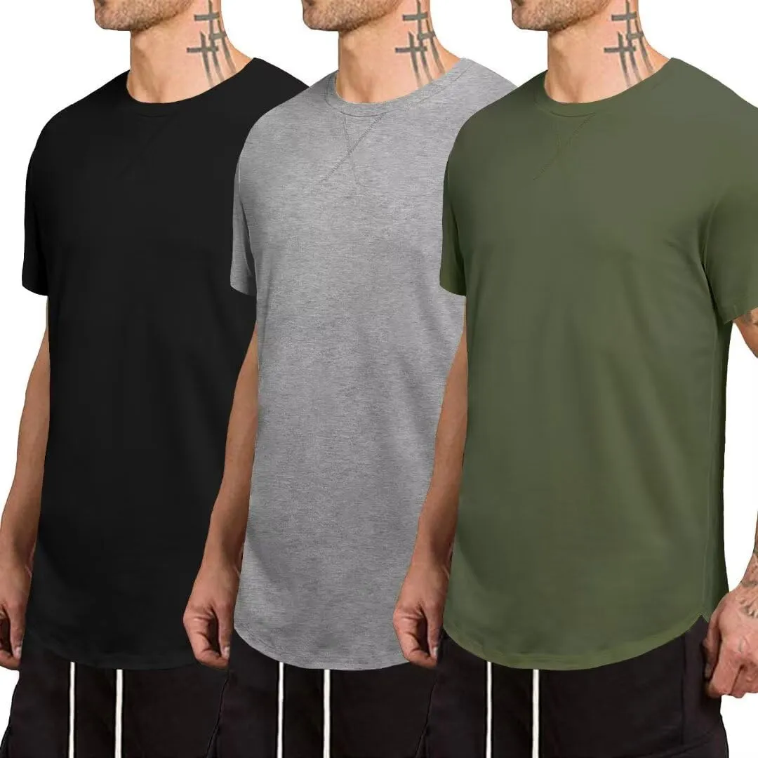 Mens 3 Pack Crewneck T-Shirts Short Sleeve Hipster Hip Hop Longline Classic Tee Tops