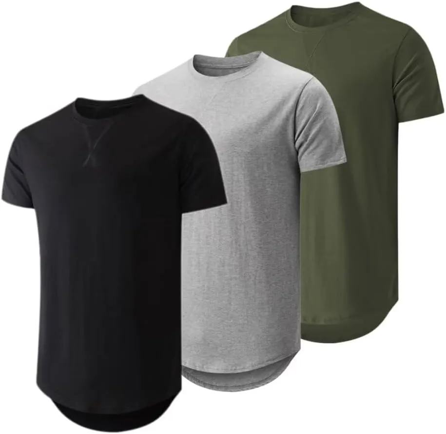 Mens 3 Pack Crewneck T-Shirts Short Sleeve Hipster Hip Hop Longline Classic Tee Tops