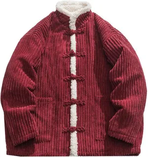 Men's Autumn Winter Button-Up Plush-Lined Cotton Padded Coat - Chinese Style Plush Collar