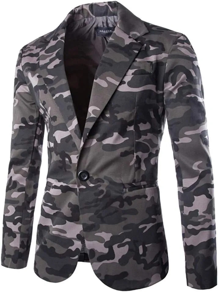 Mens Blazer Casual Camouflage Long Sleeve Sports Coats Slim Fit One Button Suit Jackets Fashion Tuxedo for Men