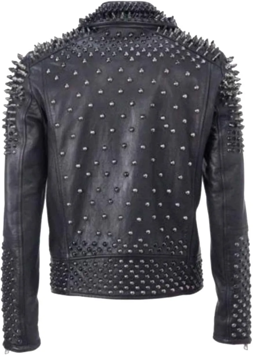 Mens Cafe Racer Studded Biker Punk Is Pride Red Brando Motorcycle Leather Jacket - Spikes Jacket