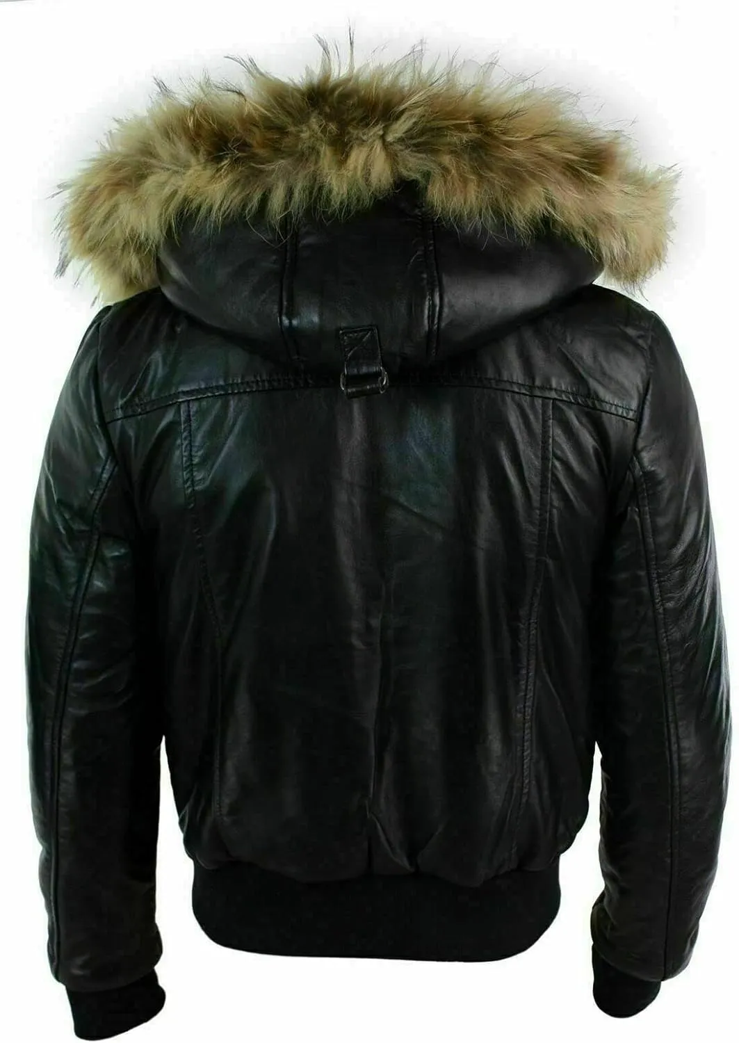 Men's Classic Stylish Real Fur Hood Bomber Motorcycle Leather Jacket Black Puffer Padded