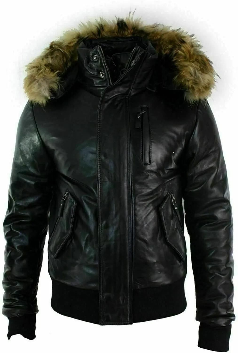 Men's Classic Stylish Real Fur Hood Bomber Motorcycle Leather Jacket Black Puffer Padded