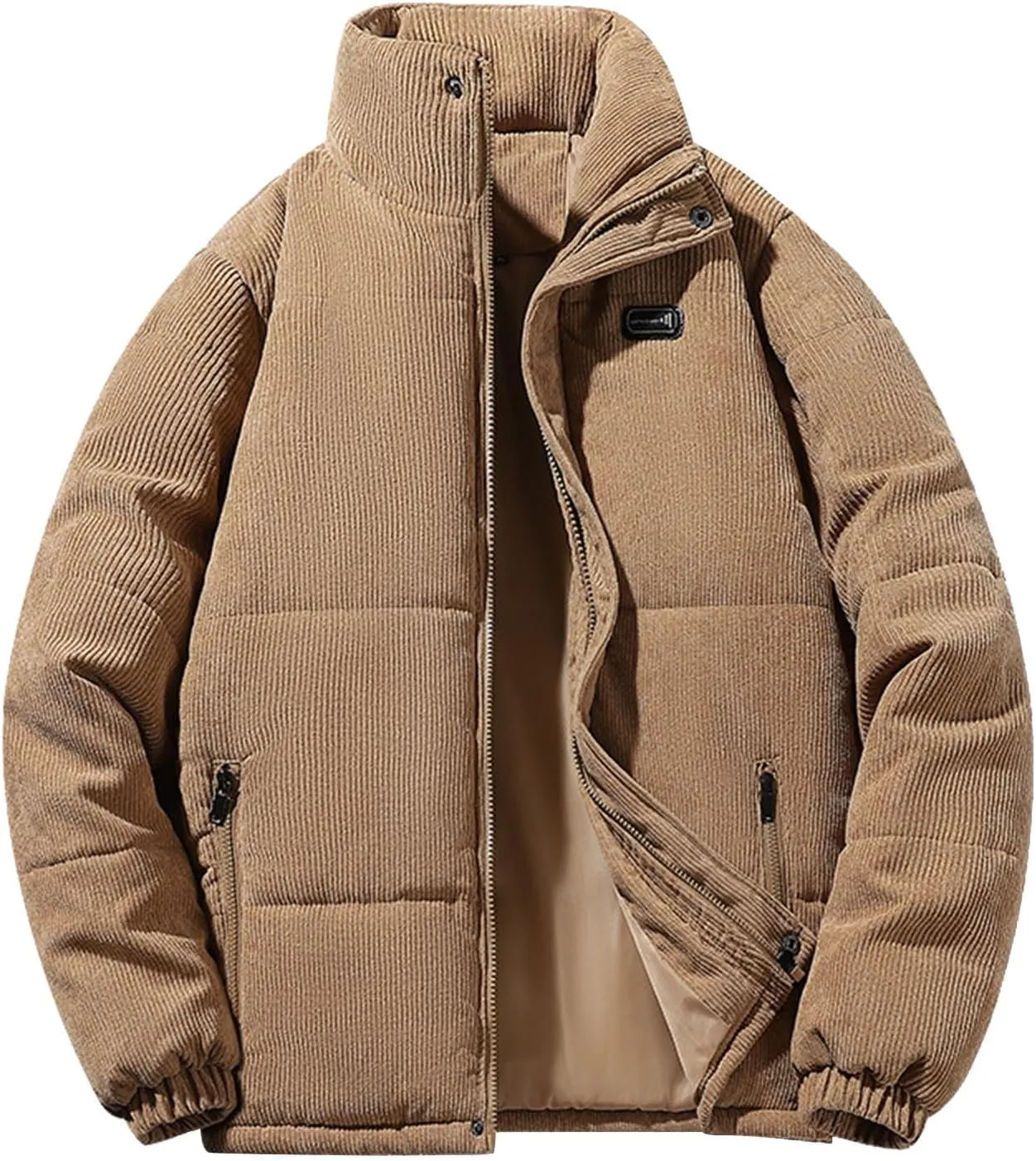 Mens Corduroy Puffer Jacket Winter Quilted Thermal Coat Lightweight Mock Neck Zip Ribbed Short Down Jackets Outerwear