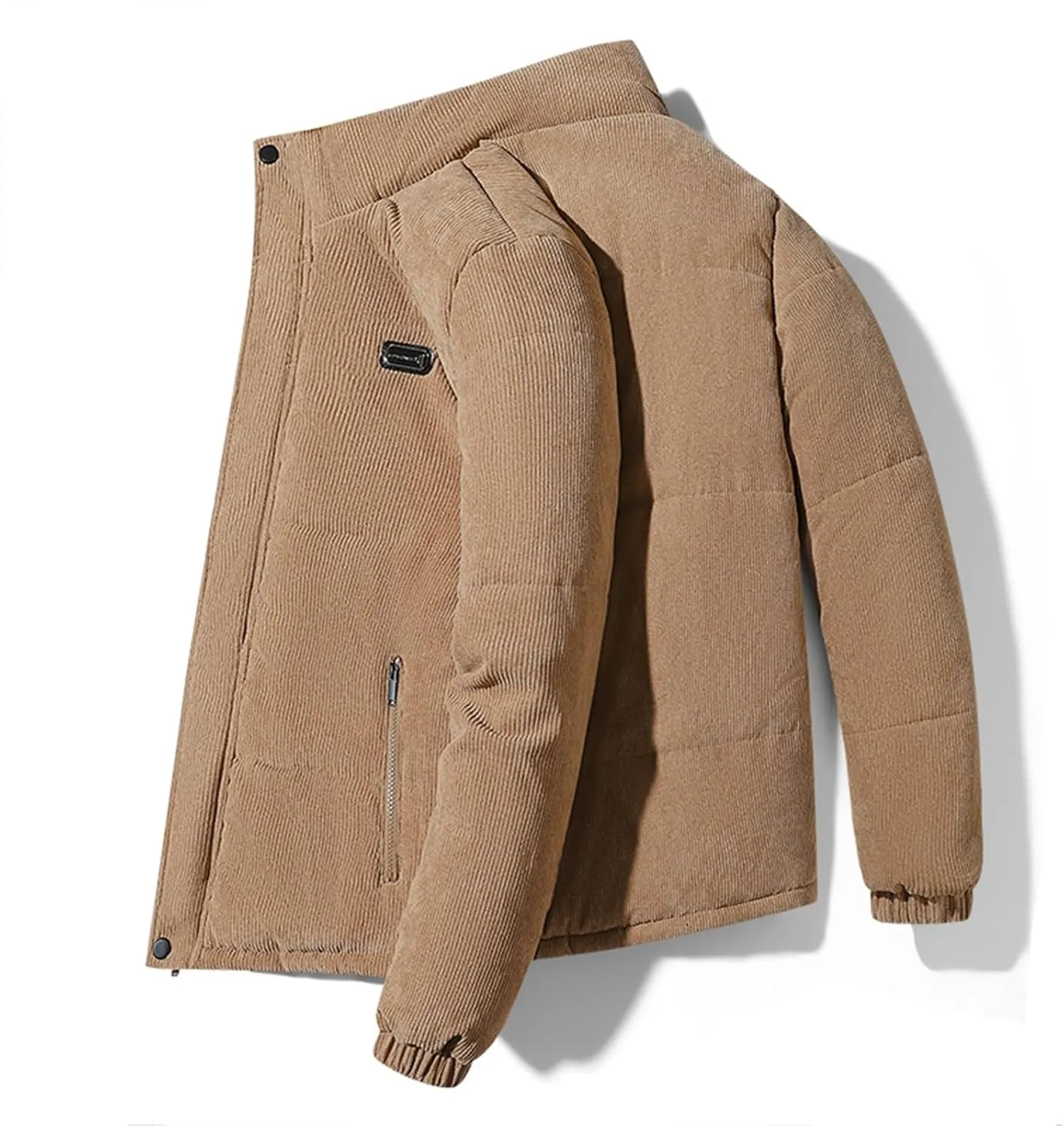 Mens Corduroy Puffer Jacket Winter Quilted Thermal Coat Lightweight Mock Neck Zip Ribbed Short Down Jackets Outerwear