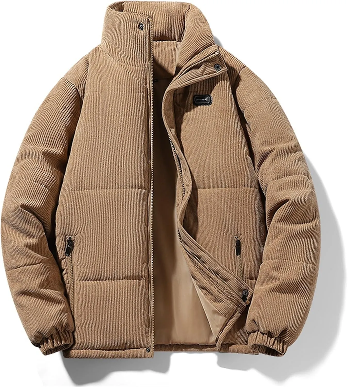 Mens Corduroy Puffer Jacket Winter Quilted Thermal Coat Lightweight Mock Neck Zip Ribbed Short Down Jackets Outerwear