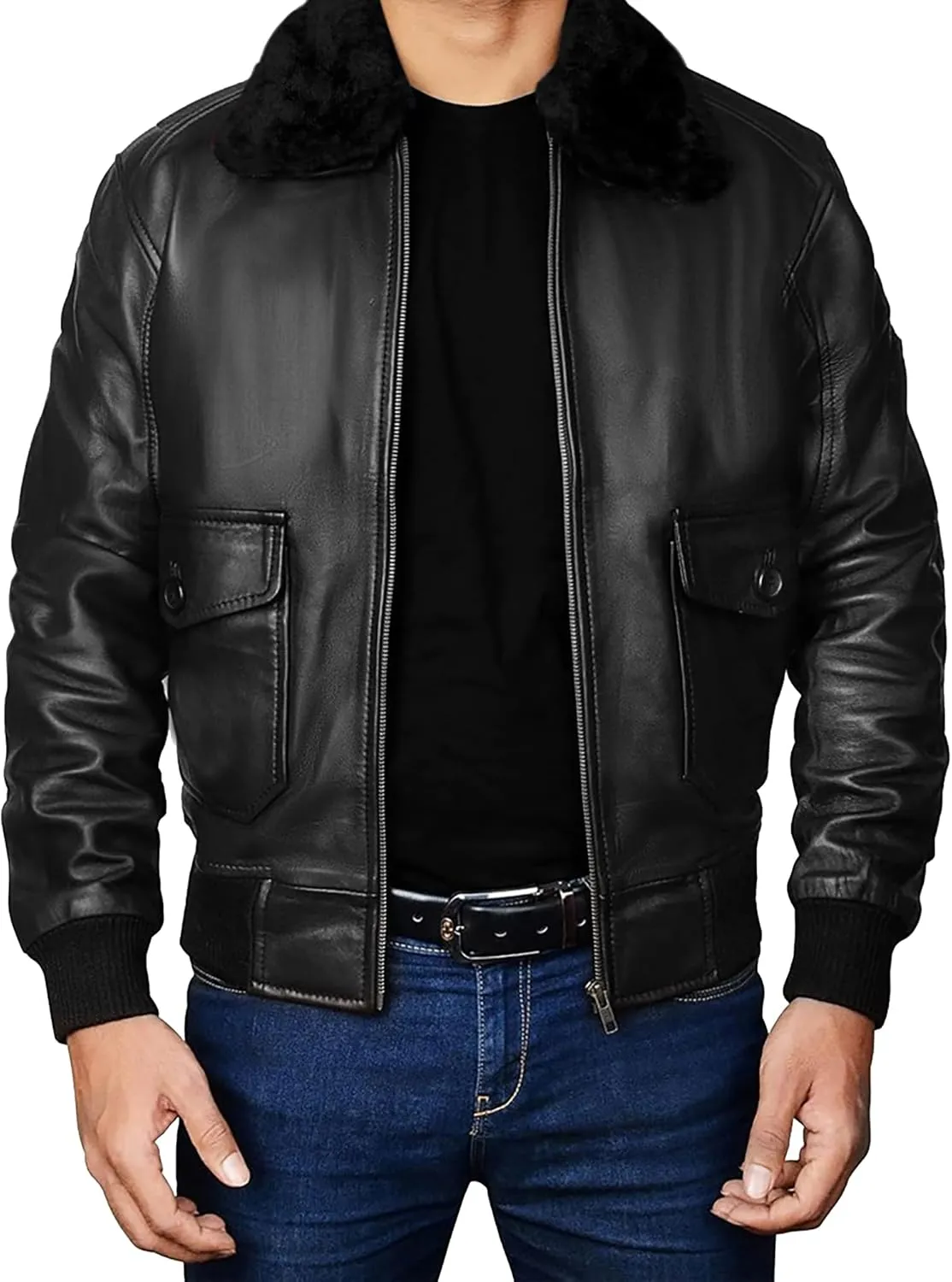 Mens G1 Aviator Pilot Removable Fur Collar Bomber Leather Jacket Black/Brown-Real/Faux