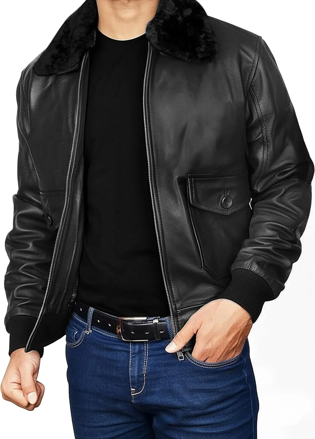 Mens G1 Aviator Pilot Removable Fur Collar Bomber Leather Jacket Black/Brown-Real/Faux