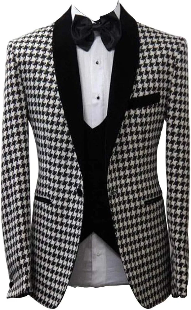 Mens Houndstooth Dogstooth Shawl Lapel Slim Fit Prom Wedding Tuxedo Blazer Jacket Coat