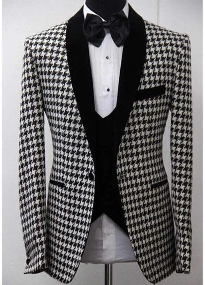 Mens Houndstooth Dogstooth Shawl Lapel Slim Fit Prom Wedding Tuxedo Blazer Jacket Coat