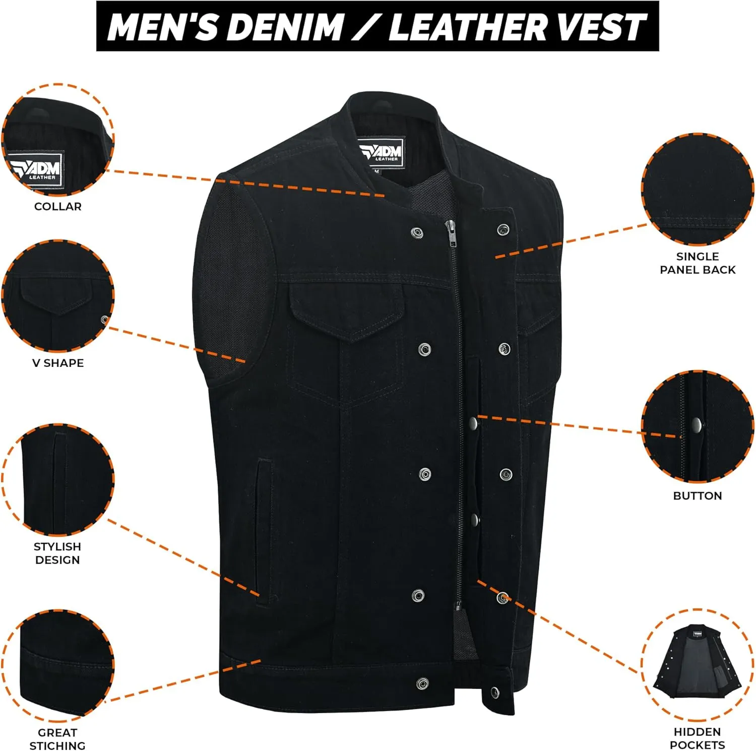Men's Leather Club Vest Denim Style SOA Men's Concealed Snaps Motorcycle Biker Riding Vest with Inside Gun Pockets