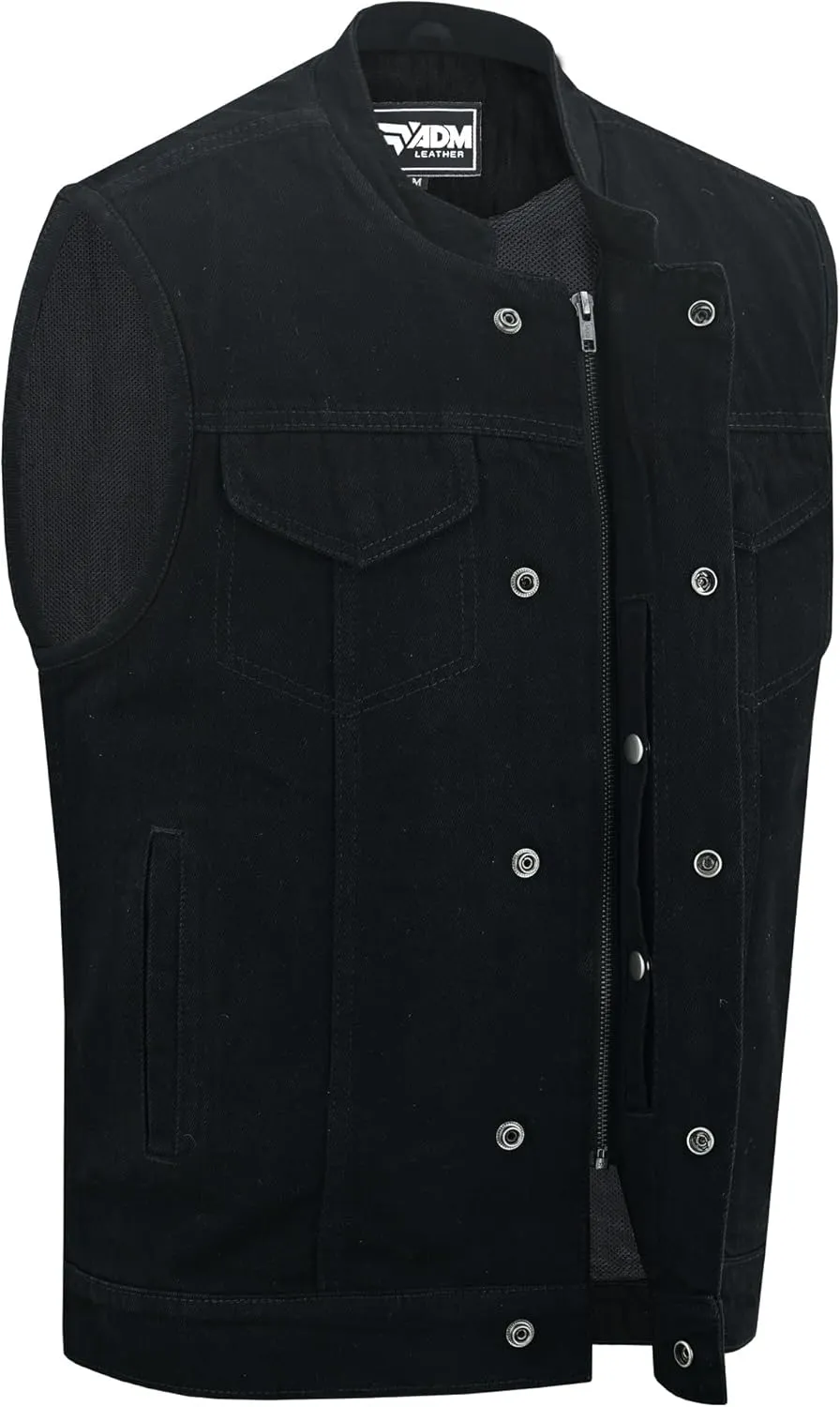 Men's Leather Club Vest Denim Style SOA Men's Concealed Snaps Motorcycle Biker Riding Vest with Inside Gun Pockets