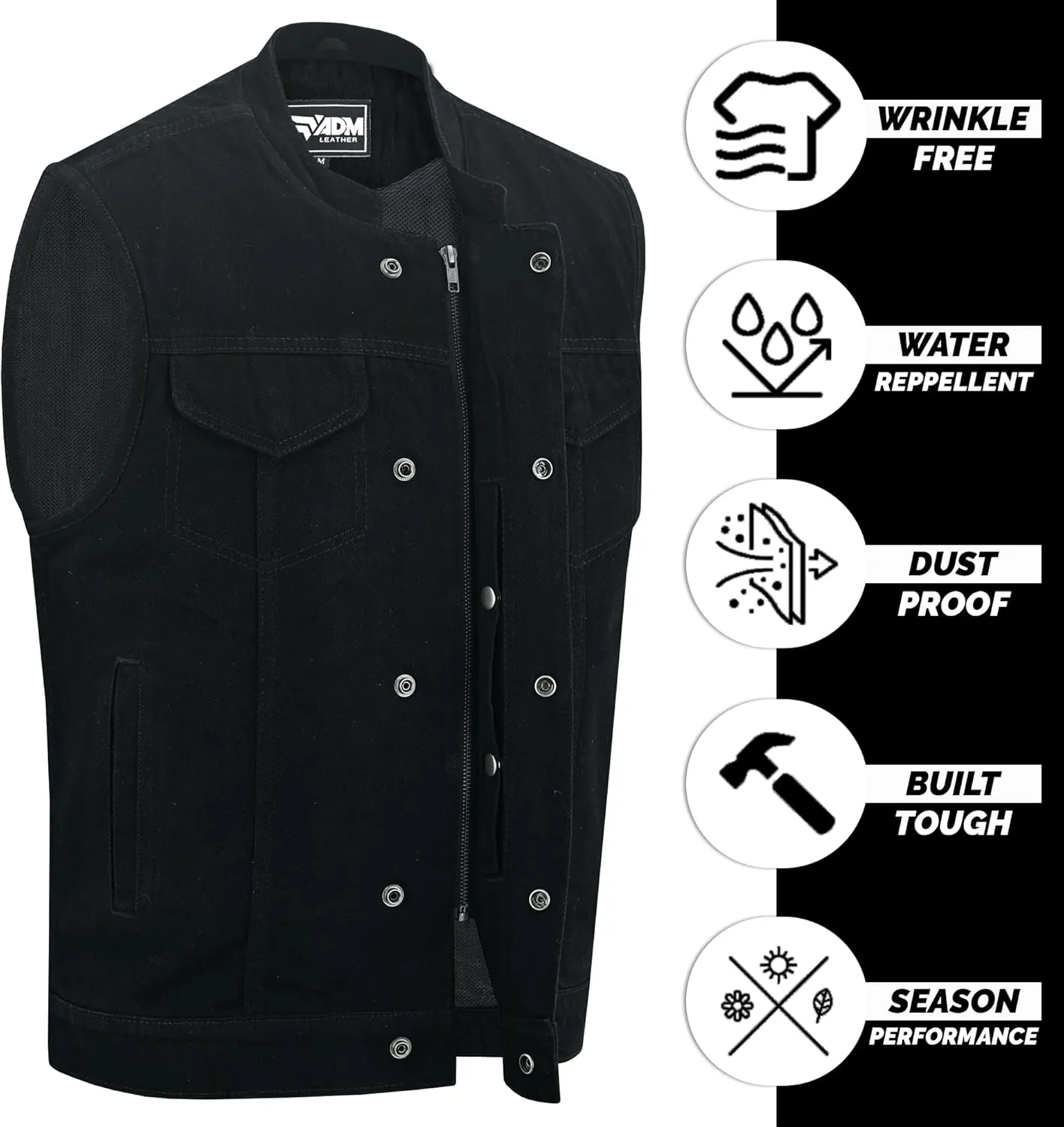 Men's Leather Club Vest Denim Style SOA Men's Concealed Snaps Motorcycle Biker Riding Vest with Inside Gun Pockets