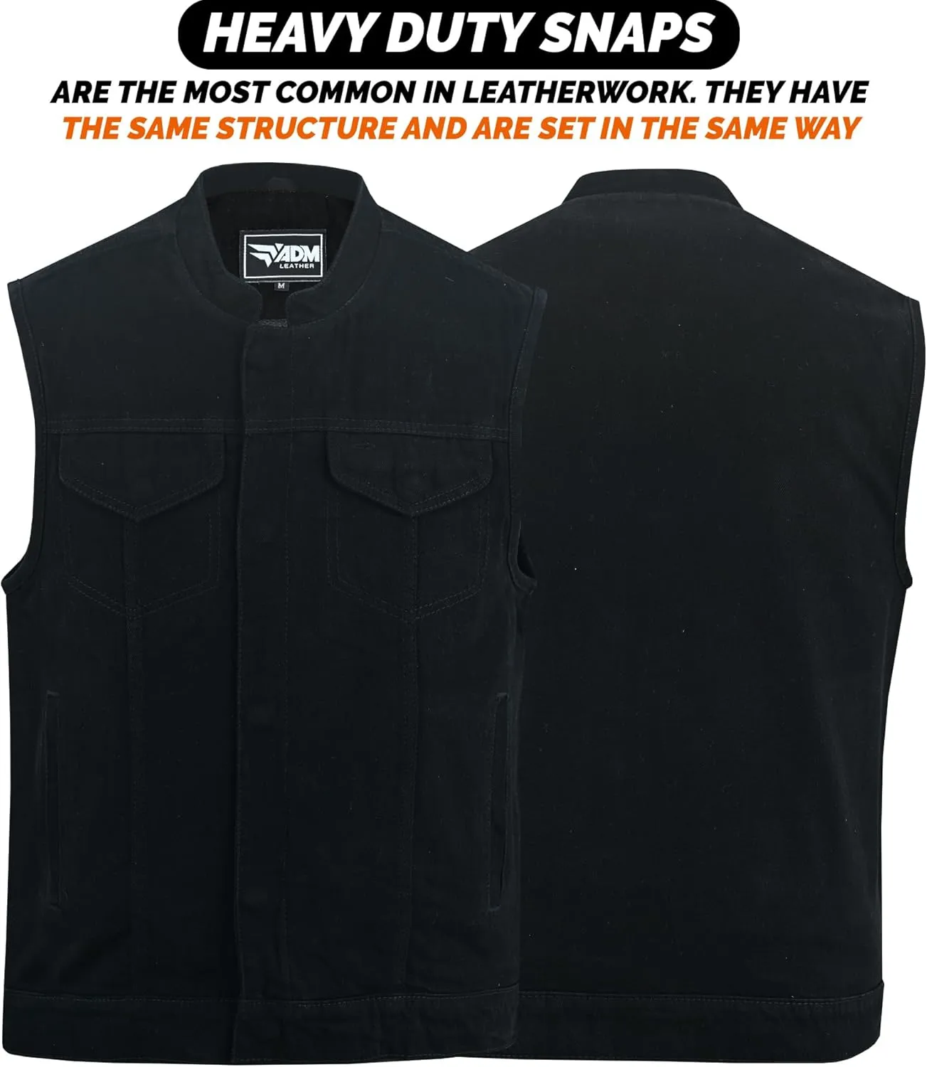 Men's Leather Club Vest Denim Style SOA Men's Concealed Snaps Motorcycle Biker Riding Vest with Inside Gun Pockets