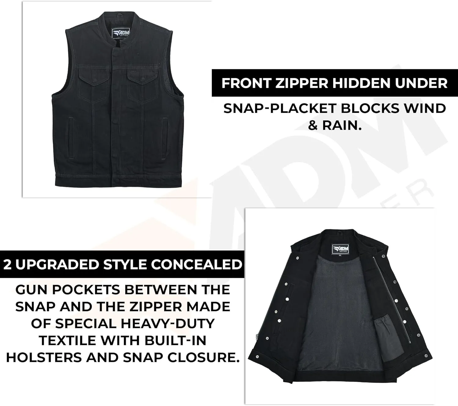 Men's Leather Club Vest Denim Style SOA Men's Concealed Snaps Motorcycle Biker Riding Vest with Inside Gun Pockets
