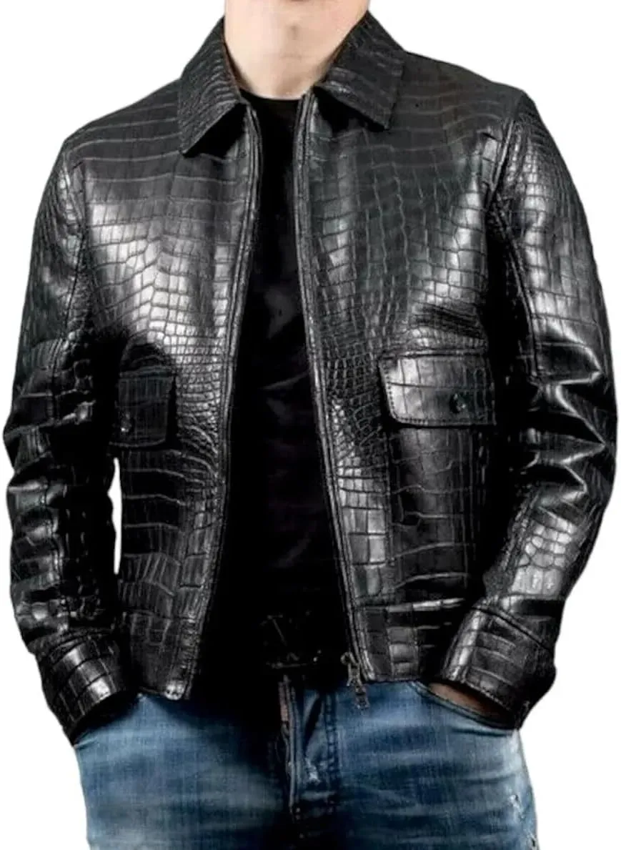 Mens Real Leather Crocodile Embossed Jacket Biker Black Alligator Print Jacket