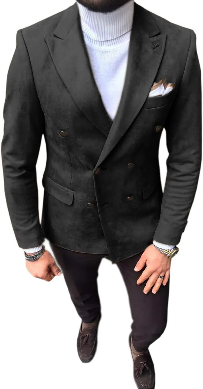 Mens Suit Blazer Leather Double Breasted Suede Wear Coat Slim Fit Single Jacket
