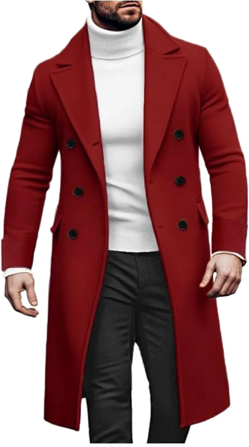 Men's Trench Coat Wool Blend Slim Fit Top Coat Double Breasted Slim Fit Peacoat Notched Lapel