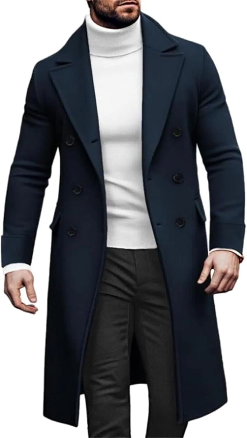 Men's Trench Coat Wool Blend Slim Fit Top Coat Double Breasted Slim Fit Peacoat Notched Lapel