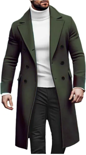 Men's Trench Coat Wool Blend Slim Fit Top Coat Double Breasted Slim Fit Peacoat Notched Lapel