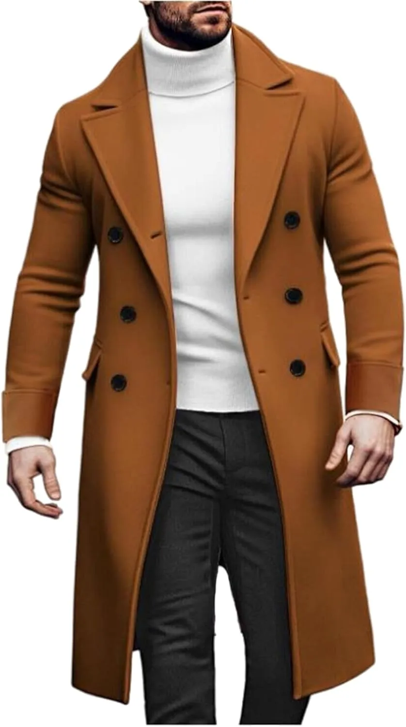 Men's Trench Coat Wool Blend Slim Fit Top Coat Double Breasted Slim Fit Peacoat Notched Lapel