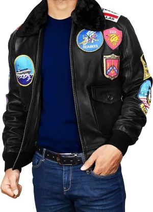 Mens USAAF G1 Aviator Pilot Removable Fur Collar Bomber Leather Jacket Black/Brown-Real/Faux