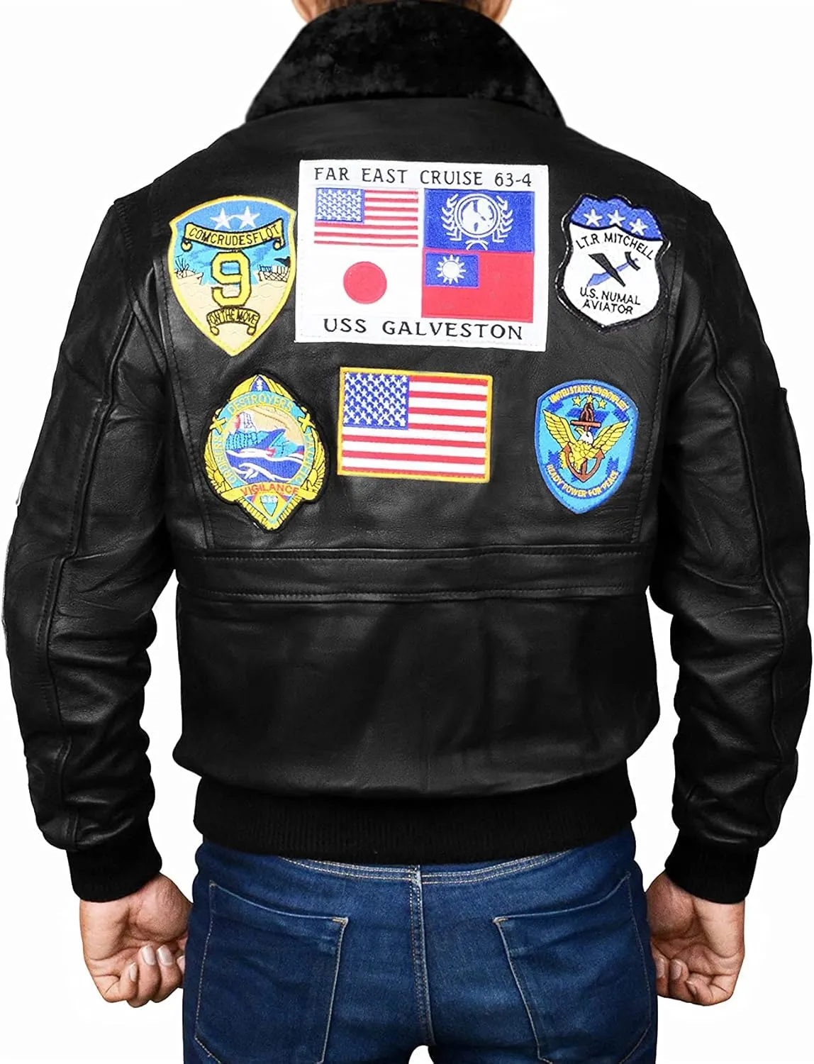 Mens USAAF G1 Aviator Pilot Removable Fur Collar Bomber Leather Jacket Black/Brown-Real/Faux