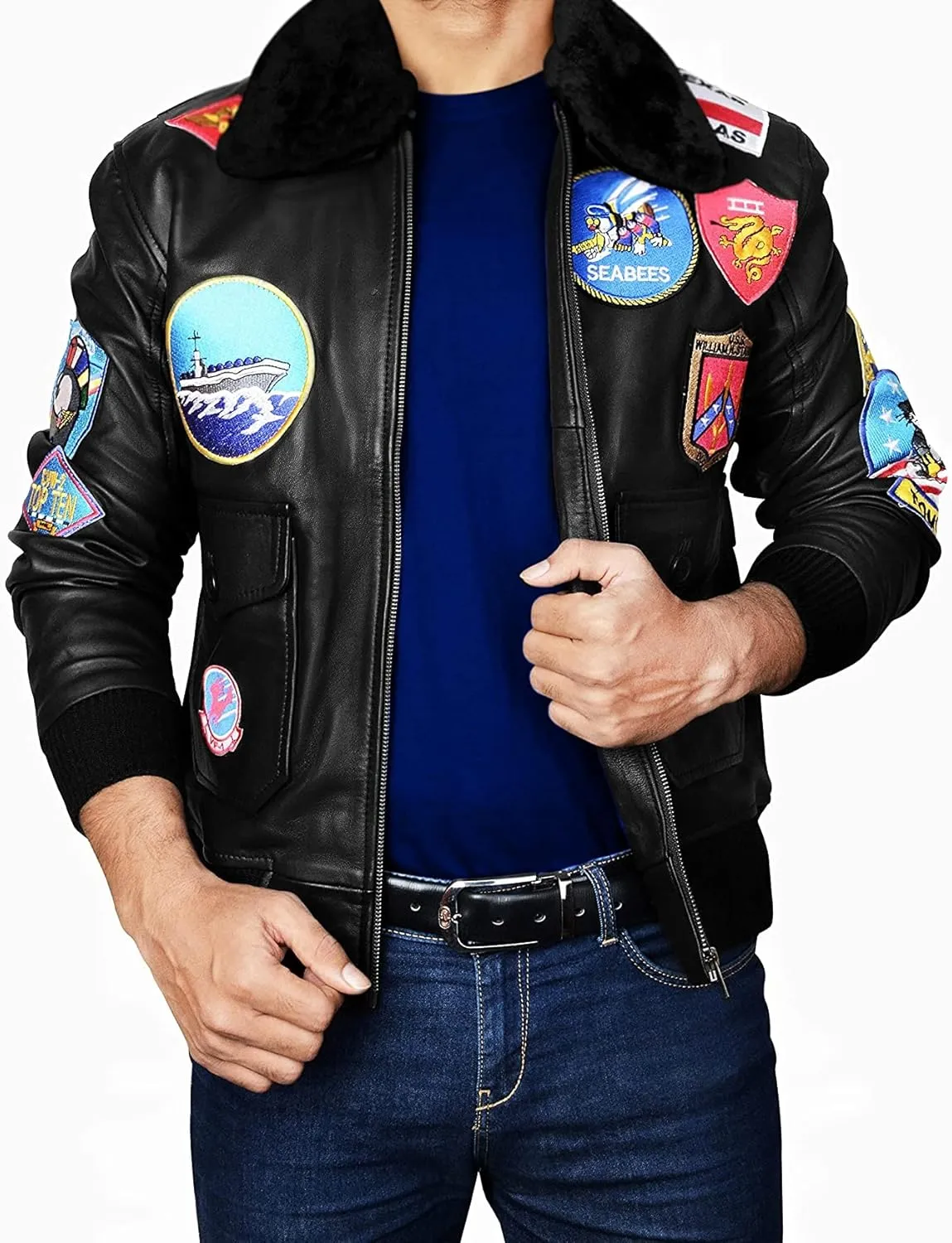 Mens USAAF G1 Aviator Pilot Removable Fur Collar Bomber Leather Jacket Black/Brown-Real/Faux
