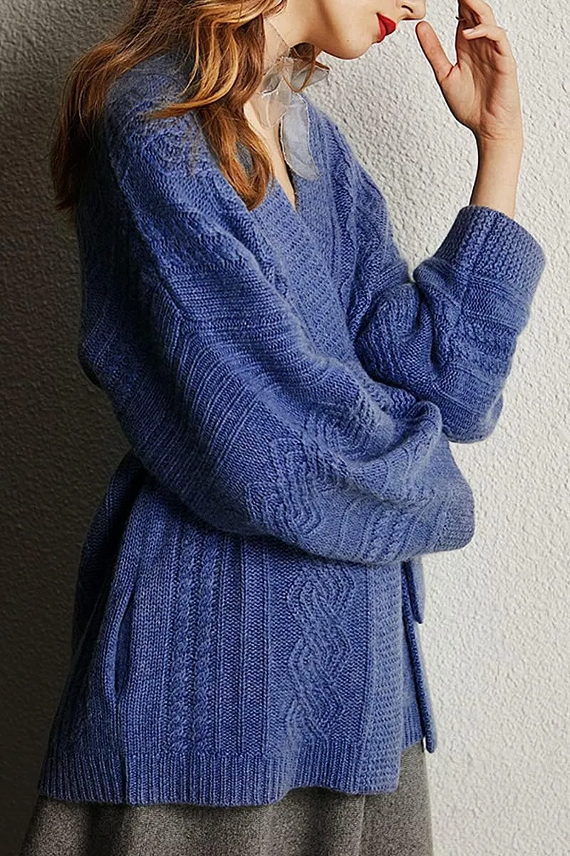 Mid-Length Merino Wool Blend Open Cardigan Long Sleeve Cable Knitted Sweater for Women