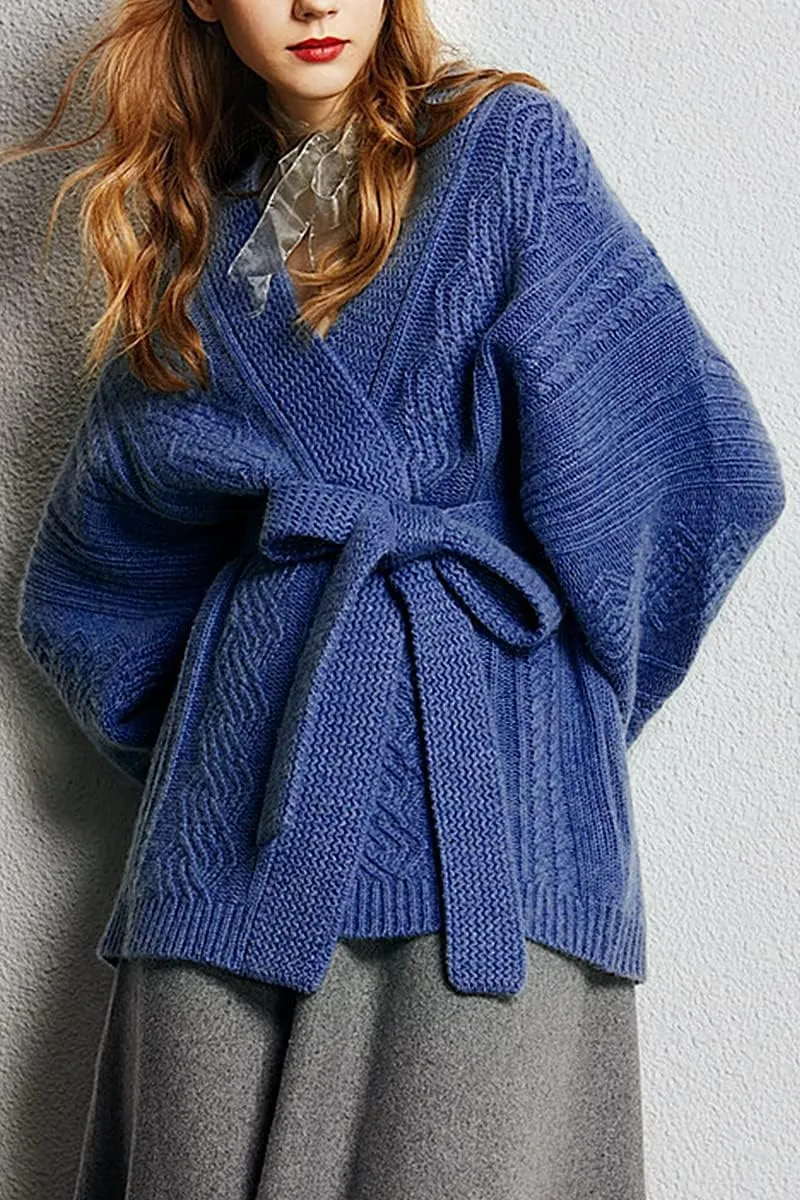 Mid-Length Merino Wool Blend Open Cardigan Long Sleeve Cable Knitted Sweater for Women
