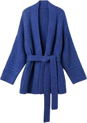 Mid-Length Merino Wool Blend Open Cardigan Long Sleeve Cable Knitted Sweater for Women