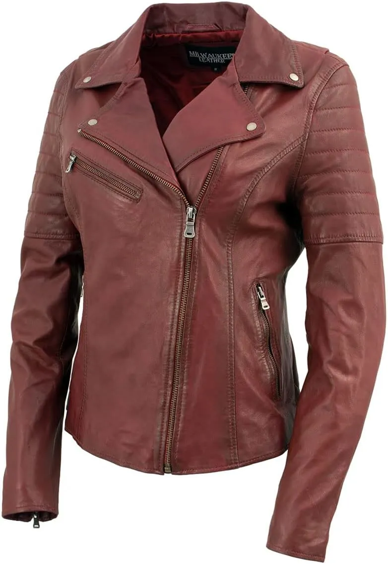 Milwaukee Leather Red Vintage Motorcycle Inspired Vegan Tan Fashion Leather Jacket for Women SFL2812