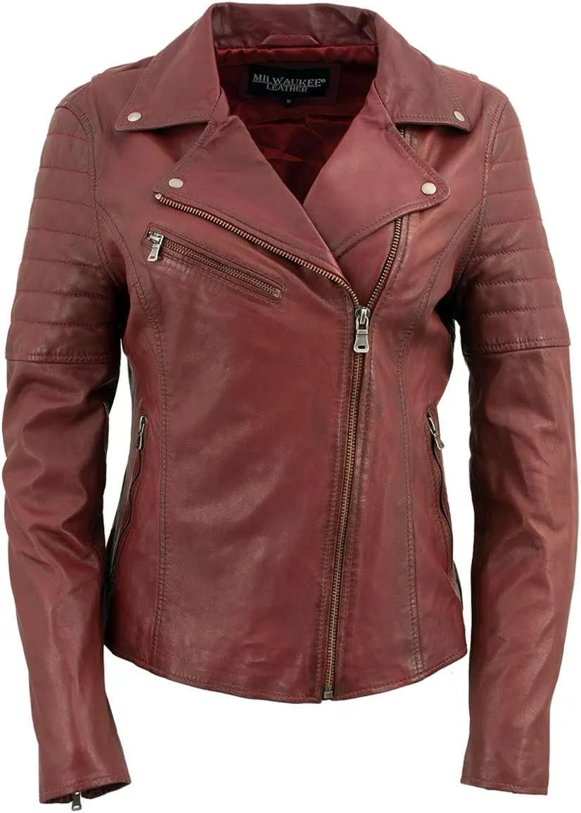 Milwaukee Leather Red Vintage Motorcycle Inspired Vegan Tan Fashion Leather Jacket for Women SFL2812