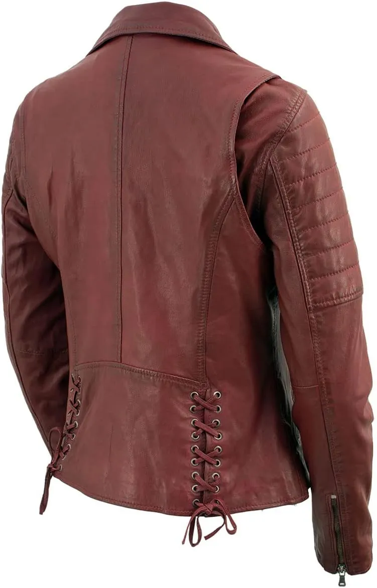 Milwaukee Leather Red Vintage Motorcycle Inspired Vegan Tan Fashion Leather Jacket for Women SFL2812