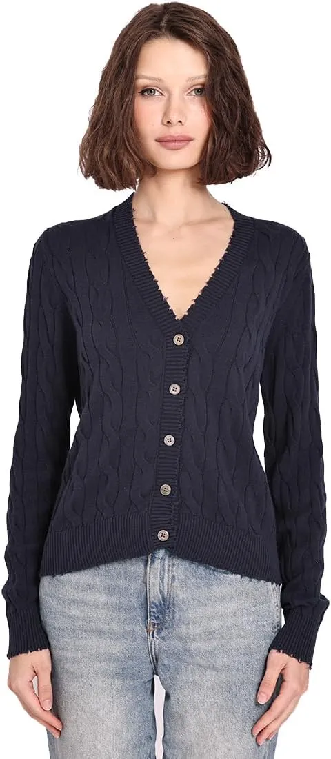 Minnie Rose Women's Long Sleeve V Neck Cotton Frayed Cardigan Sweater