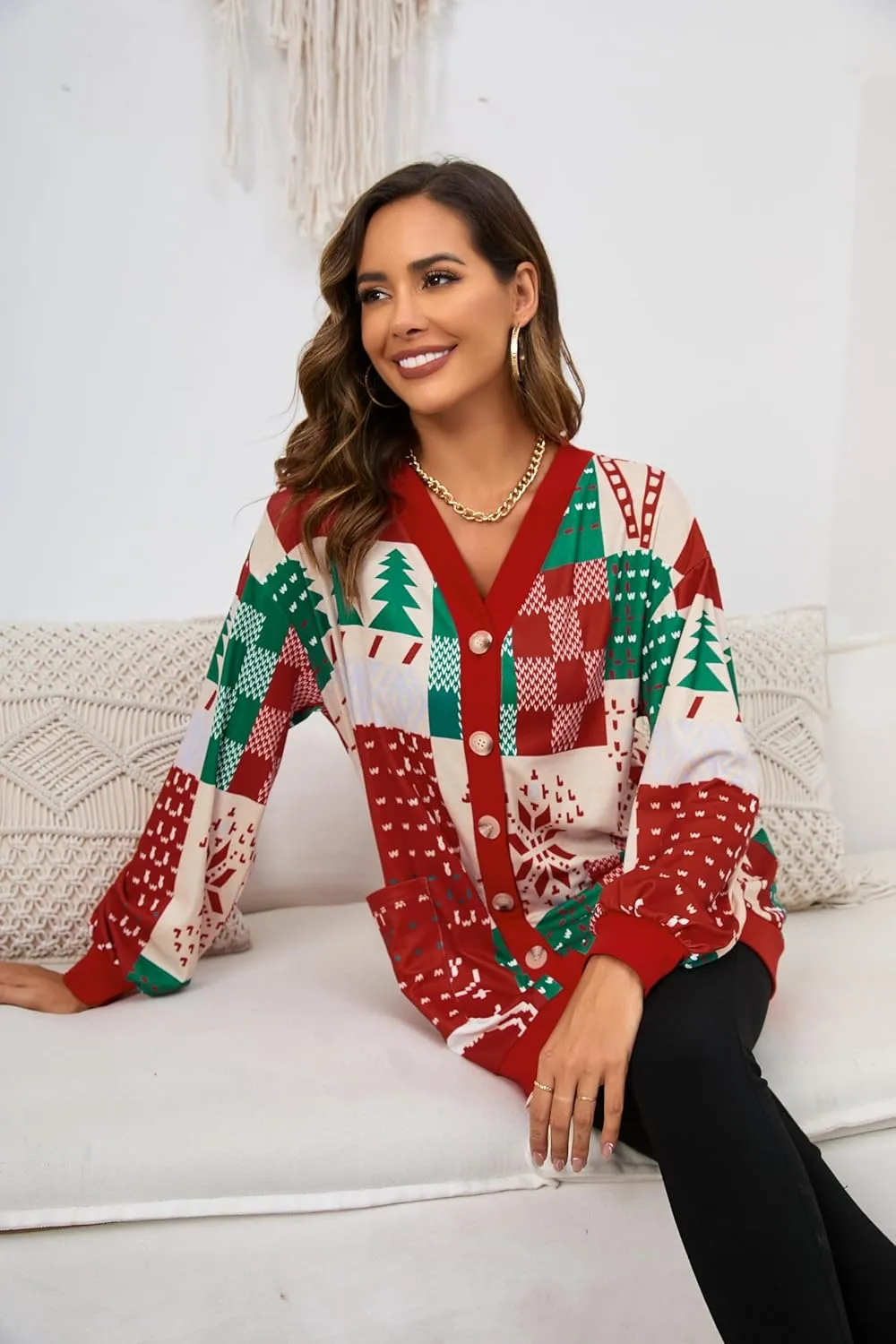 Miusey Womens Christmas Caridgans Lightweight Lantern Sleeve Button Holiday Knit Outwear with Pockets