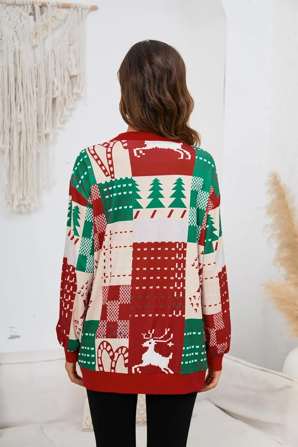 Miusey Womens Christmas Caridgans Lightweight Lantern Sleeve Button Holiday Knit Outwear with Pockets