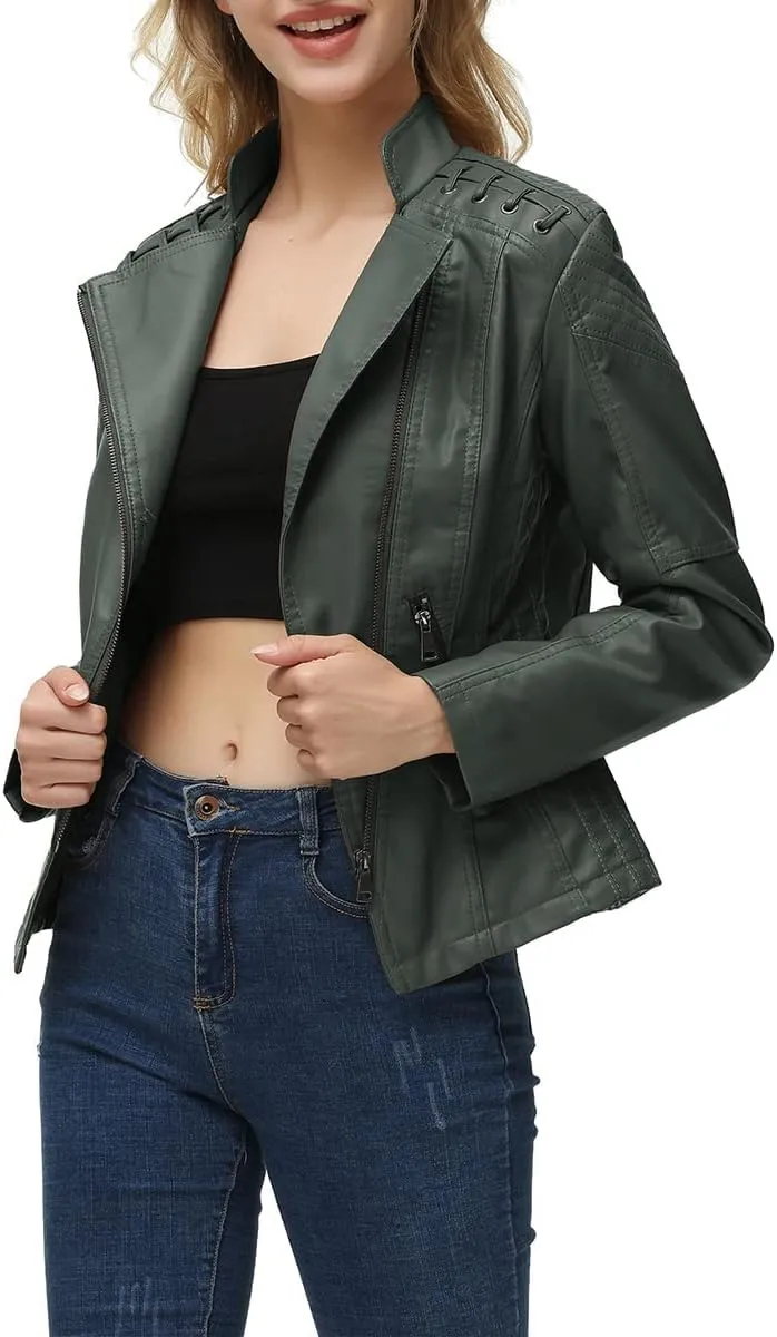 MODFUL Women's Faux Leather Moto Jacket Casual Short Solid Color PU Biker Coat with Pockets
