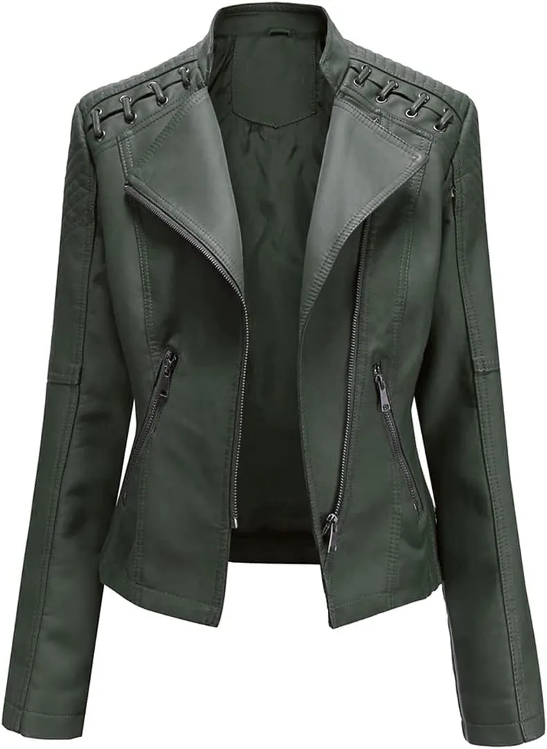 MODFUL Women's Faux Leather Moto Jacket Casual Short Solid Color PU Biker Coat with Pockets