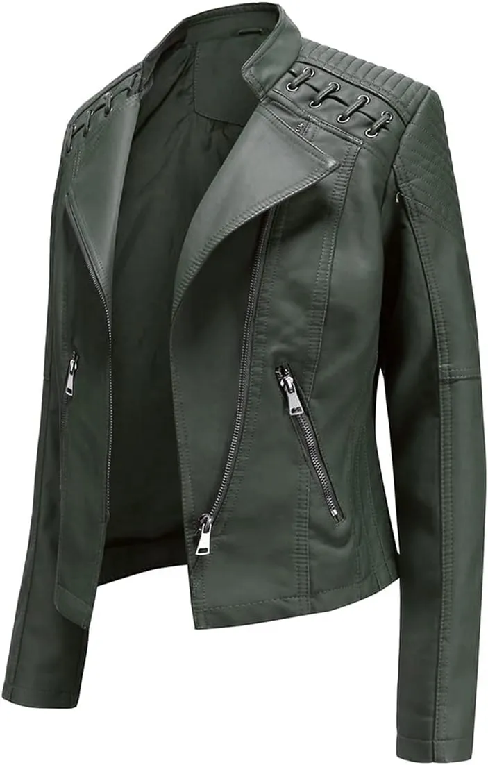 MODFUL Women's Faux Leather Moto Jacket Casual Short Solid Color PU Biker Coat with Pockets