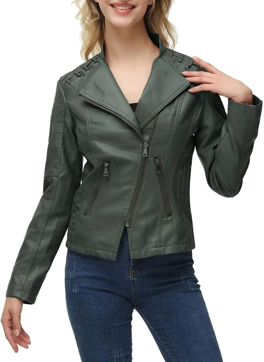 MODFUL Women's Faux Leather Moto Jacket Casual Short Solid Color PU Biker Coat with Pockets