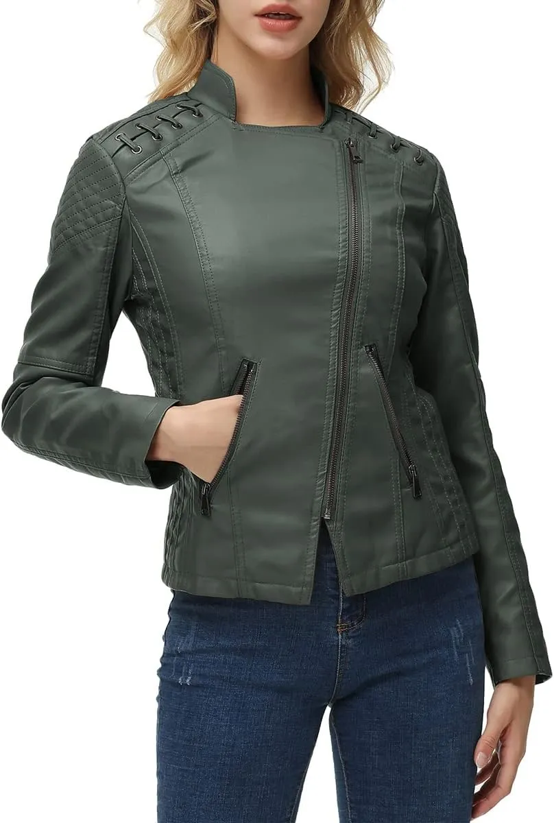 MODFUL Women's Faux Leather Moto Jacket Casual Short Solid Color PU Biker Coat with Pockets