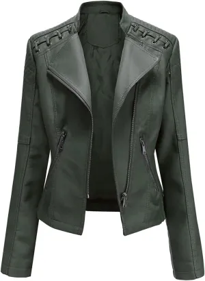 MODFUL Women's Faux Leather Moto Jacket Casual Short Solid Color PU Biker Coat with Pockets